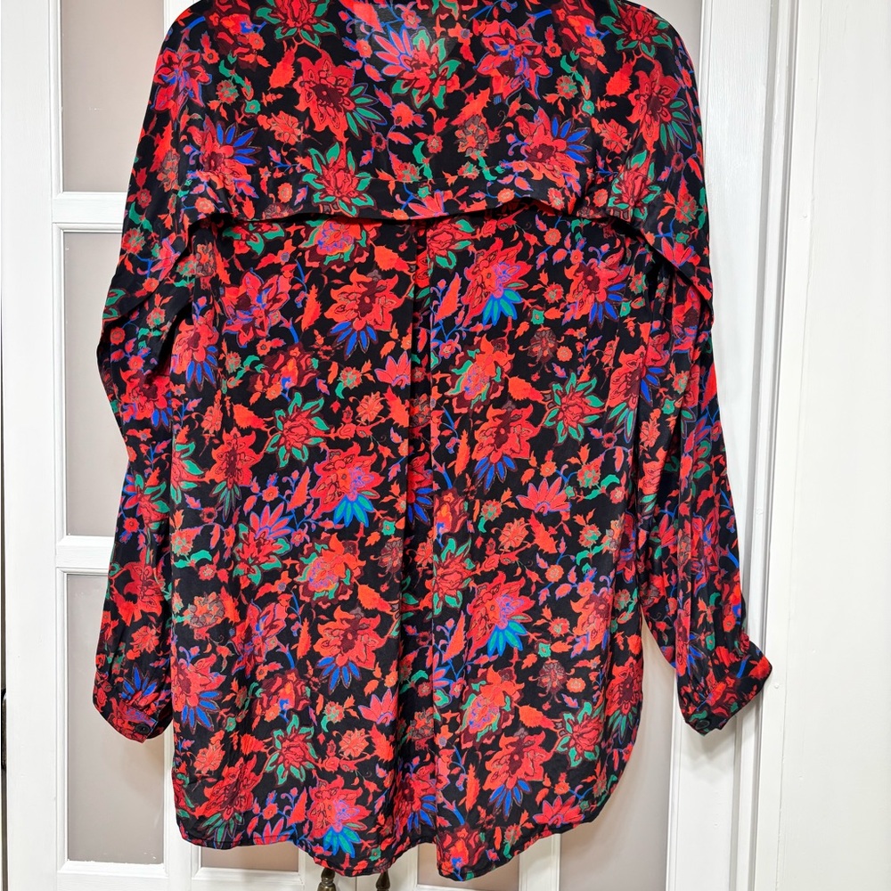 Rag & Bone Emily Floral Tie-Neck Blouse Black Red Blue Size Small View 4